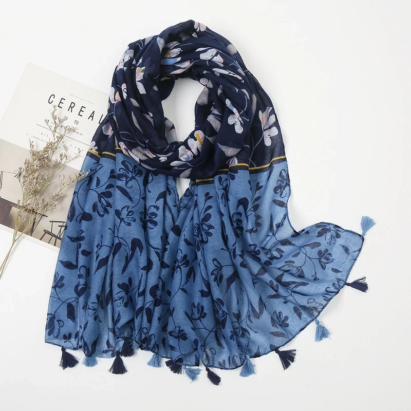 Black Blue Mixed Printed Tassel Cotton Hijab/Orna