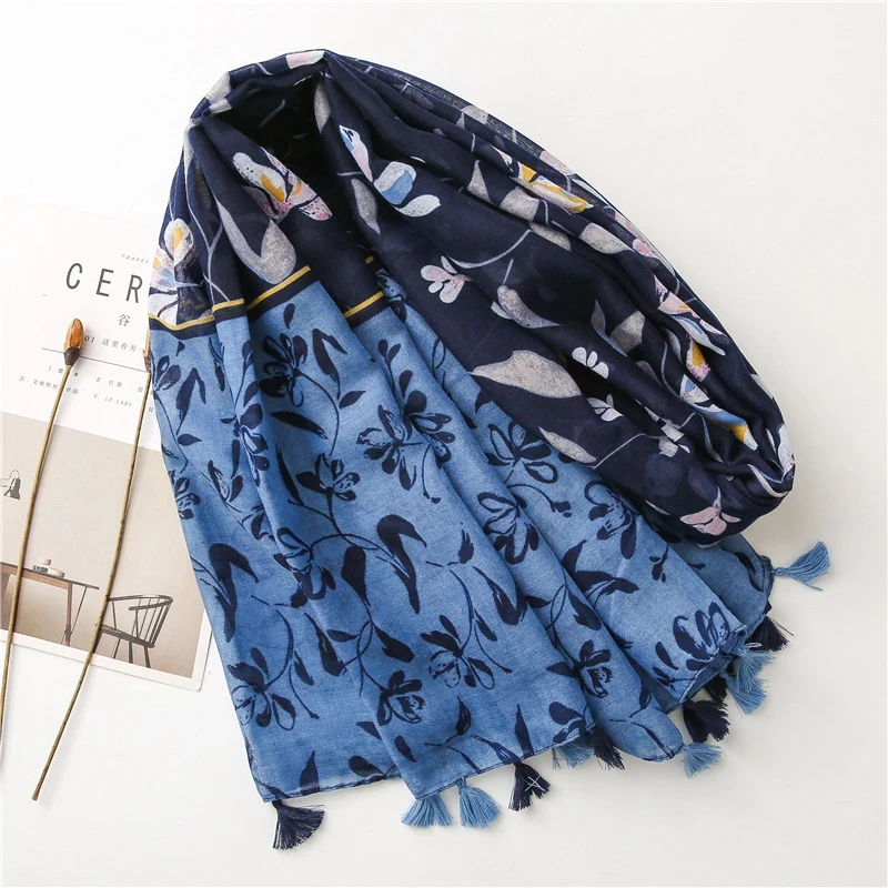 Black Blue Mixed Printed Tassel Cotton Hijab/Orna