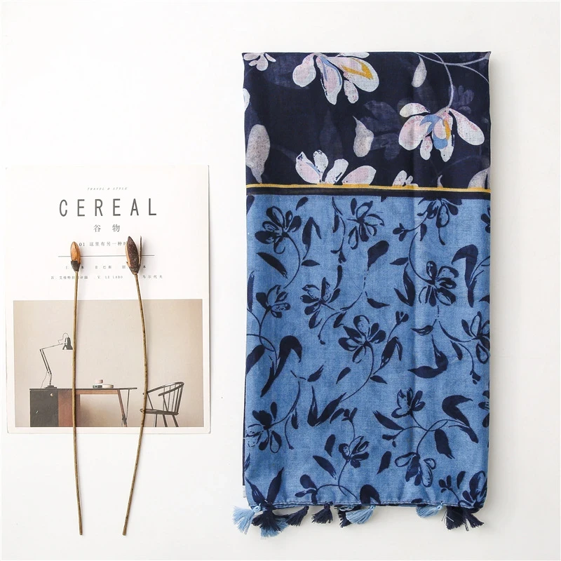 Black Blue Mixed Printed Tassel Cotton Hijab/Orna - Thumbnail 4