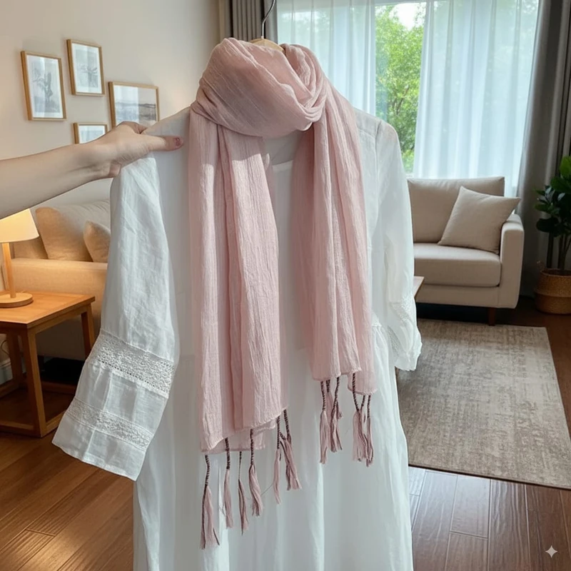 Pretty Pink Color Winding Tassel Cotton Hijab