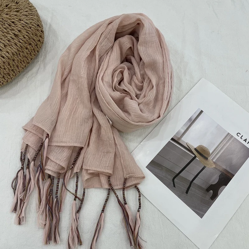 Pretty Pink Color Winding Tassel Cotton Hijab