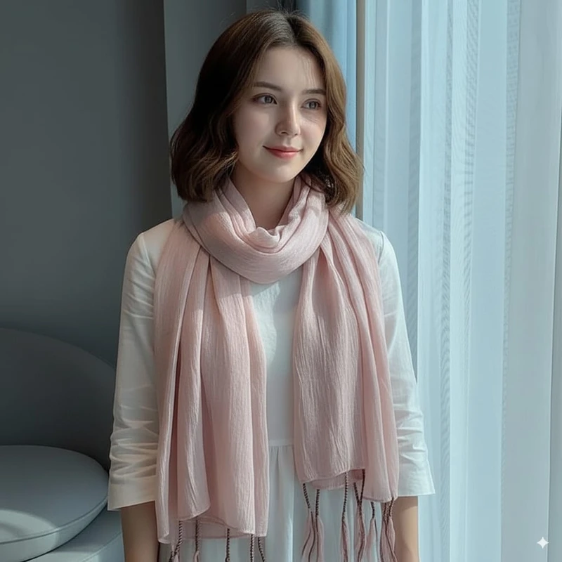 Pretty Pink Color Winding Tassel Cotton Hijab - Thumbnail 3