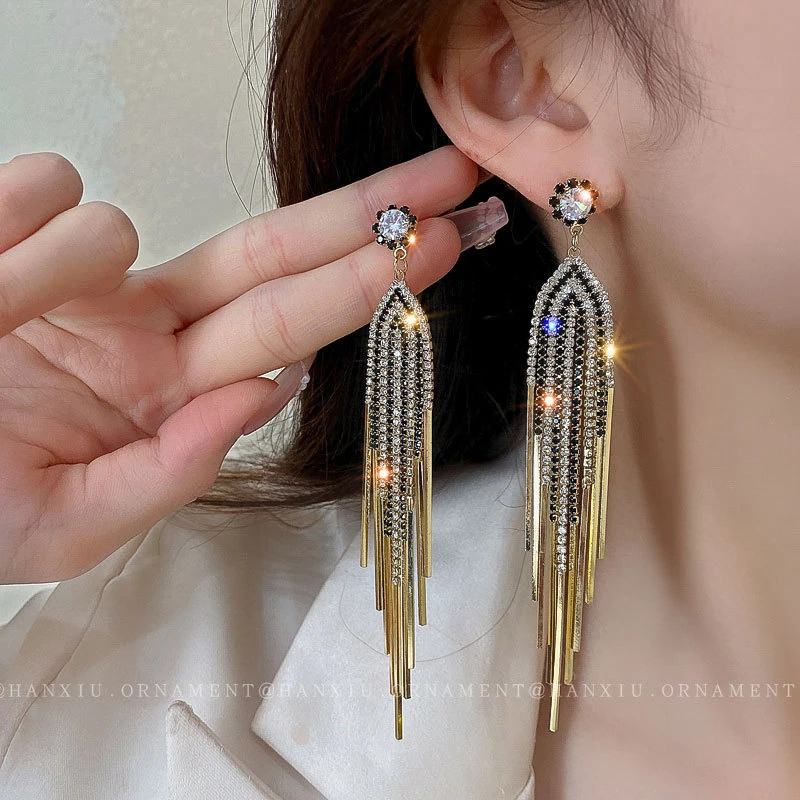 Stylish Golden Color Rhinestone Tassel Earrings