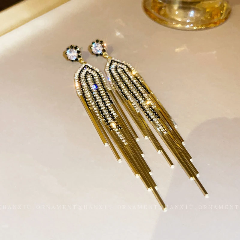 Stylish Golden Color Rhinestone Tassel Earrings