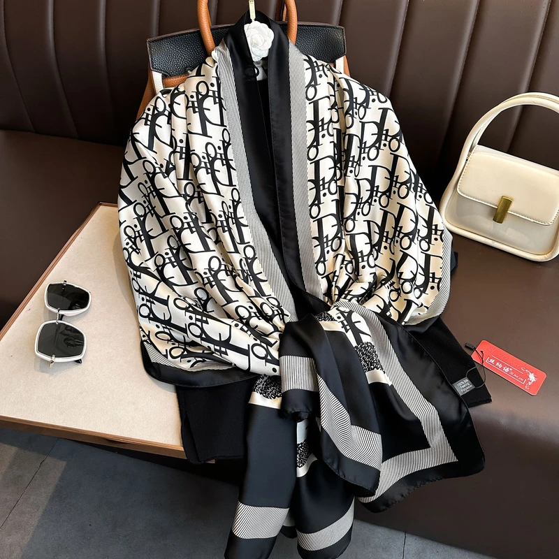 Shiny black & off white silk hijab /orna