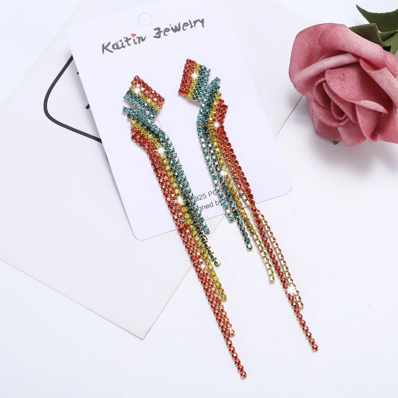 Colorful Rhinestone Long Tassel Earrings