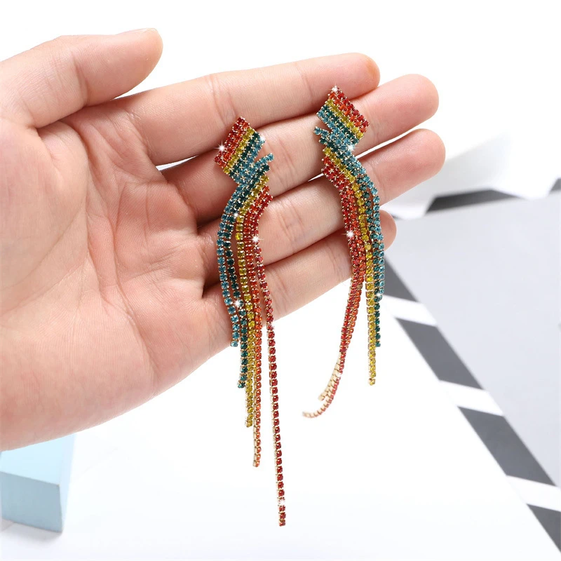 Colorful Rhinestone Long Tassel Earrings
