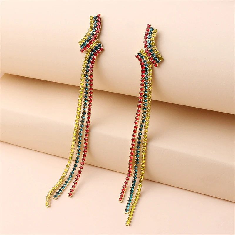 Colorful Rhinestone Long Tassel Earrings - Thumbnail 3
