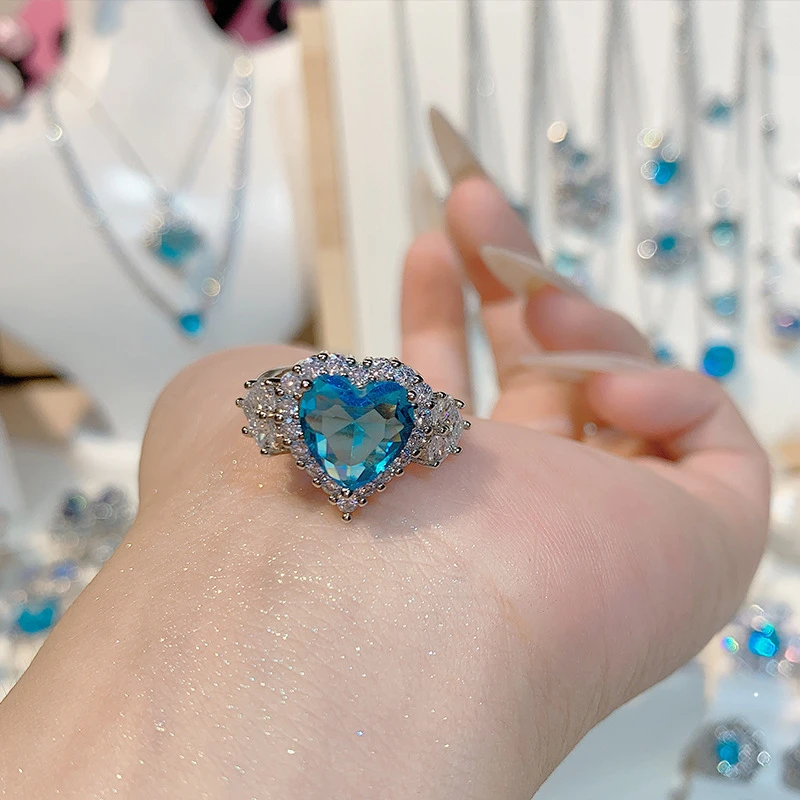 Elegant heart shaped sky blue crystal adjustable ring