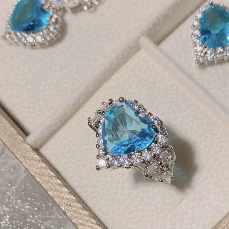 Elegant heart shaped sky blue crystal adjustable ring