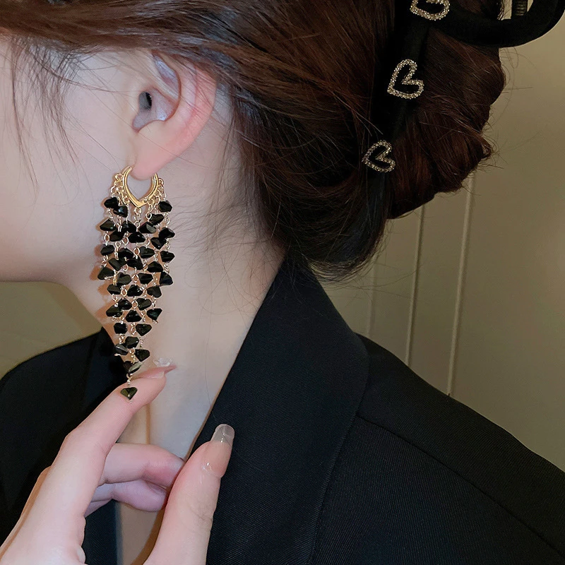 Beautiful Black Rhinestone Tassel Earrings