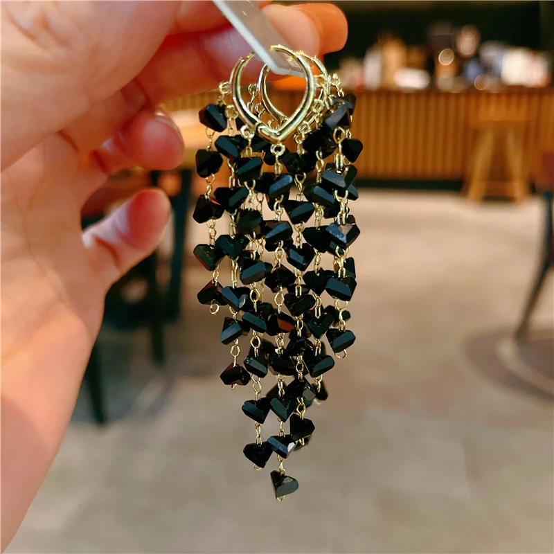 Beautiful Black Rhinestone Tassel Earrings