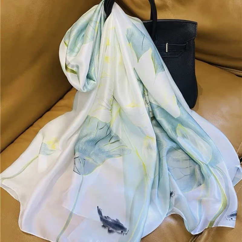 Light green floral printed elegant silk hijab
