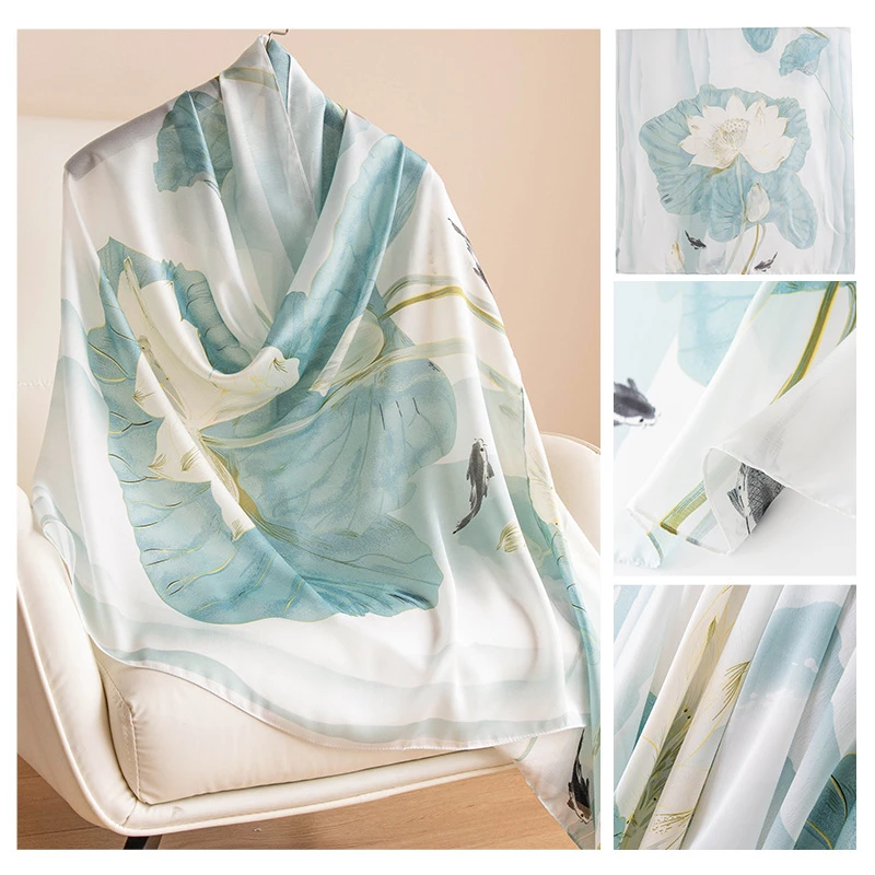Light green floral printed elegant silk hijab - Thumbnail 5