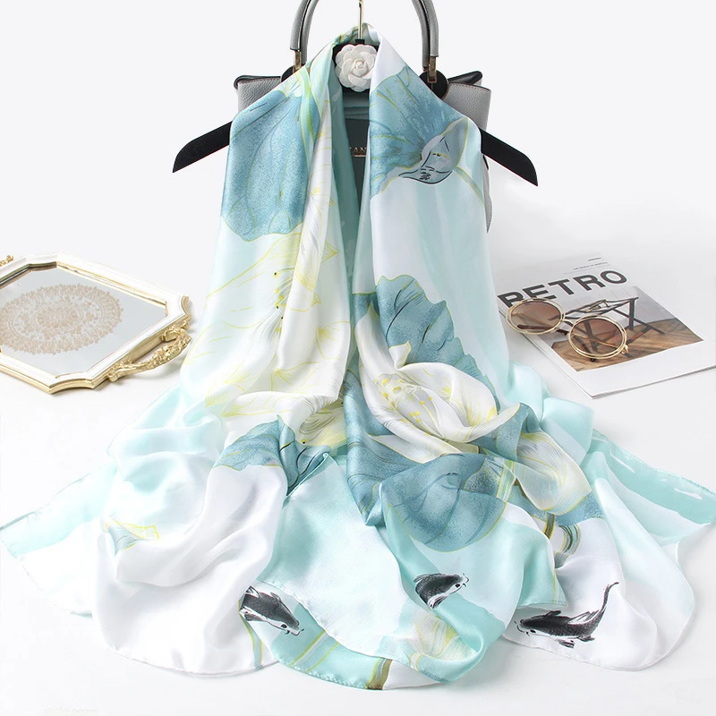 Light green floral printed elegant silk hijab - Thumbnail 6