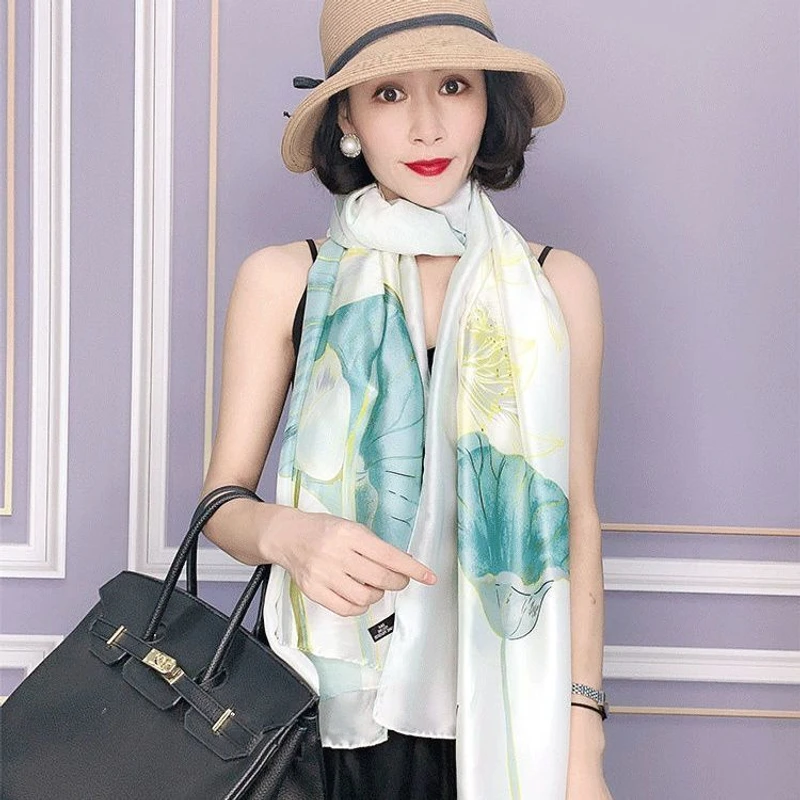 Light green floral printed elegant silk hijab - Thumbnail 7