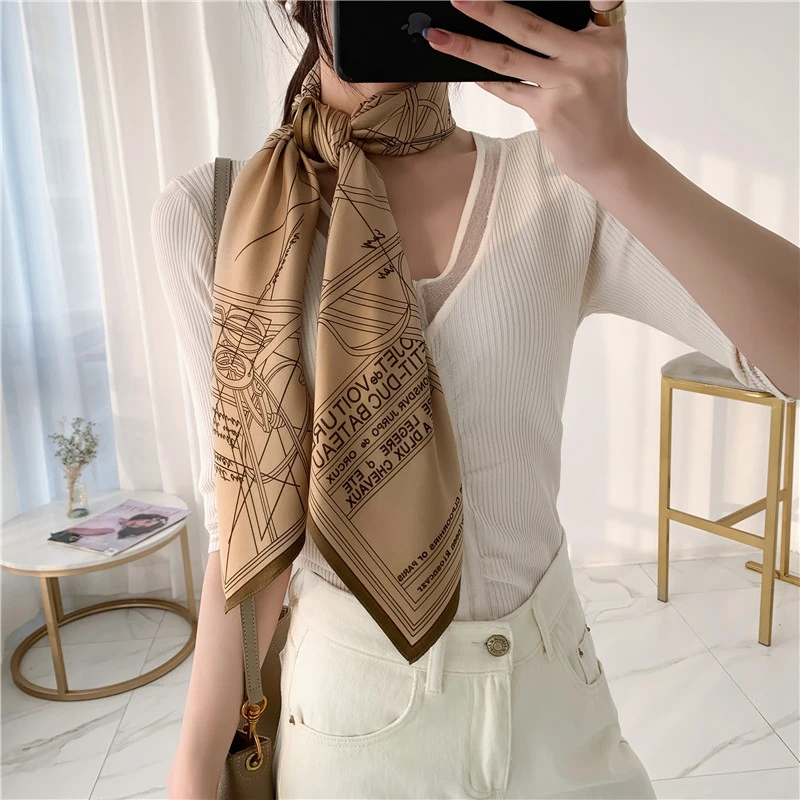 Elegant light brown printed silk square scarf