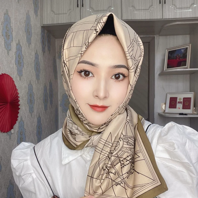 Elegant light brown printed silk square scarf - Thumbnail 3