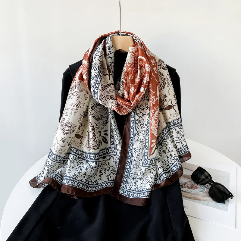 Shiny printed peach color silk hijab