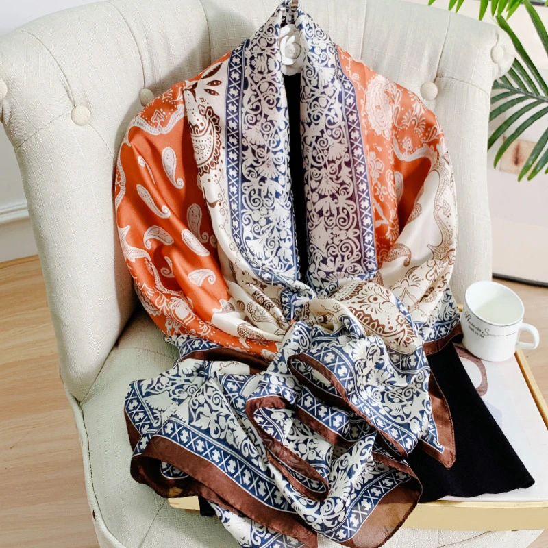 Shiny printed peach color silk hijab - Thumbnail 3