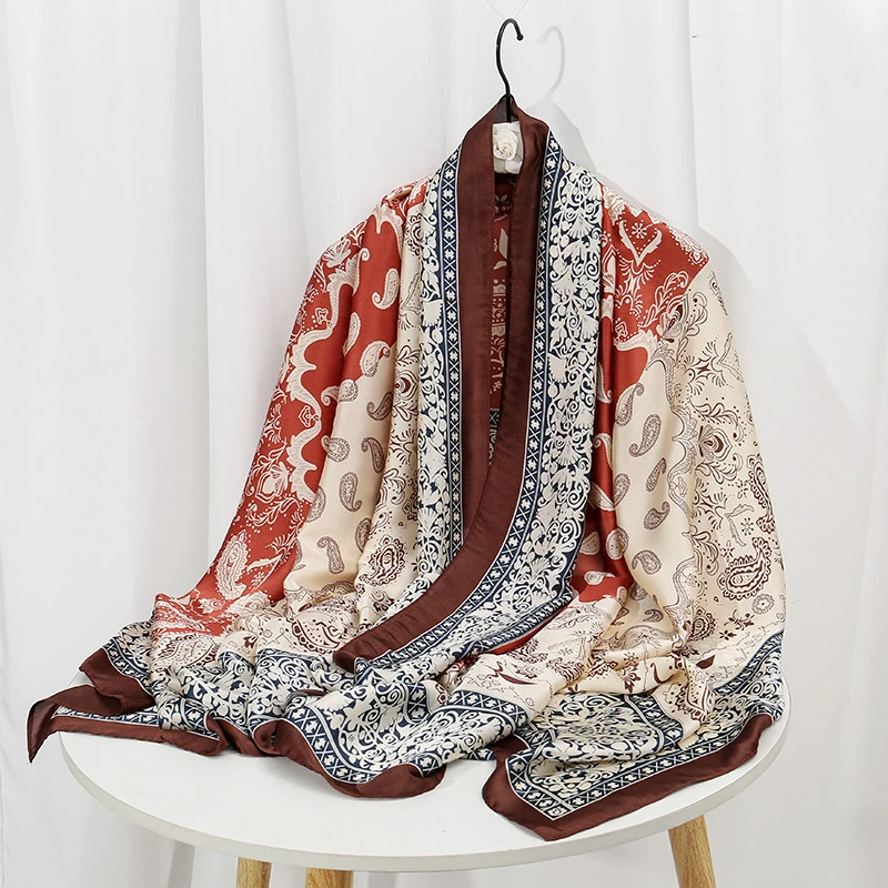 Shiny printed peach color silk hijab - Thumbnail 5