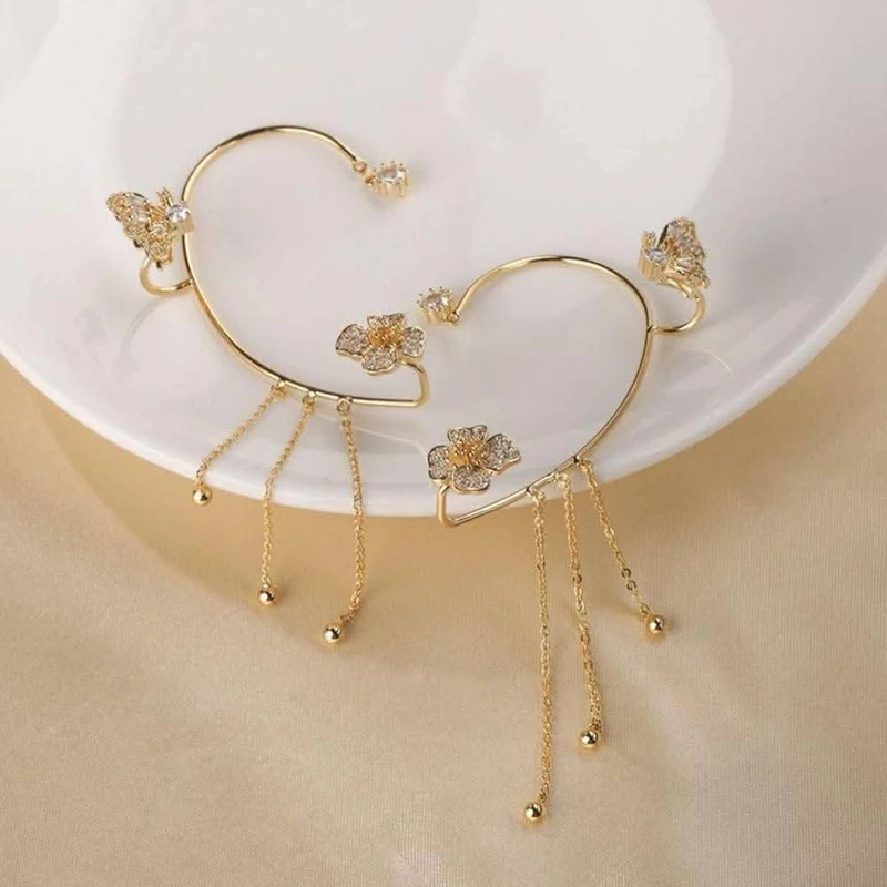 Stunning Sparkling Crystal Flower Ear Cuff Without Piercing Clip Earrings Irregular Tassel Ear Clip