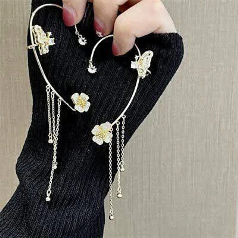 Stunning Sparkling Crystal Flower Ear Cuff Without Piercing Clip Earrings Irregular Tassel Ear Clip - Thumbnail 3