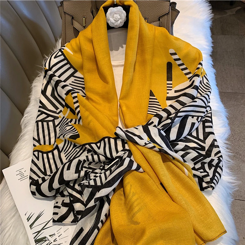Gorgeous vibrant yellow with black white zebra printed hijab / orna - Thumbnail 3
