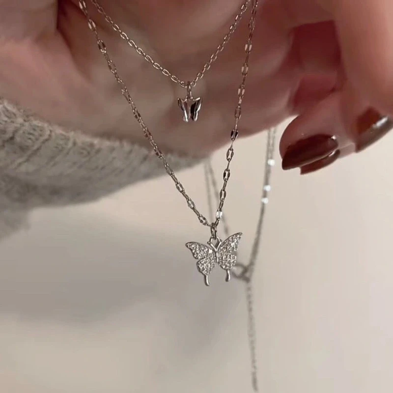 Beautiful silver color double layer butterfly pendant necklace