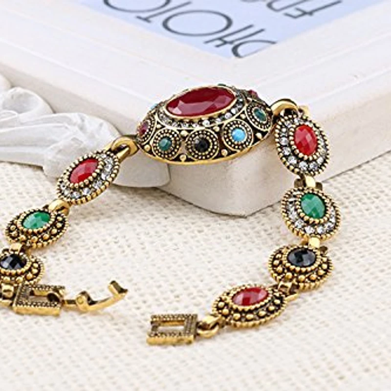 Vintage Turkish Jewelry Bangle Bohemian Antique Gold Color Link Bracelet for Women Lady Gift