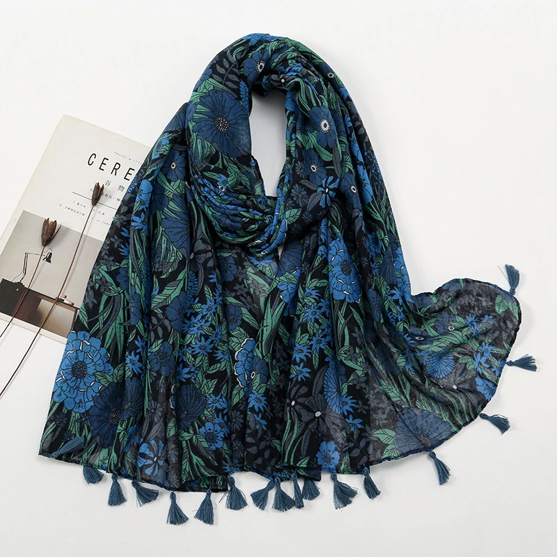 Elegant navy blue color floral printed tassel long hijab/orna