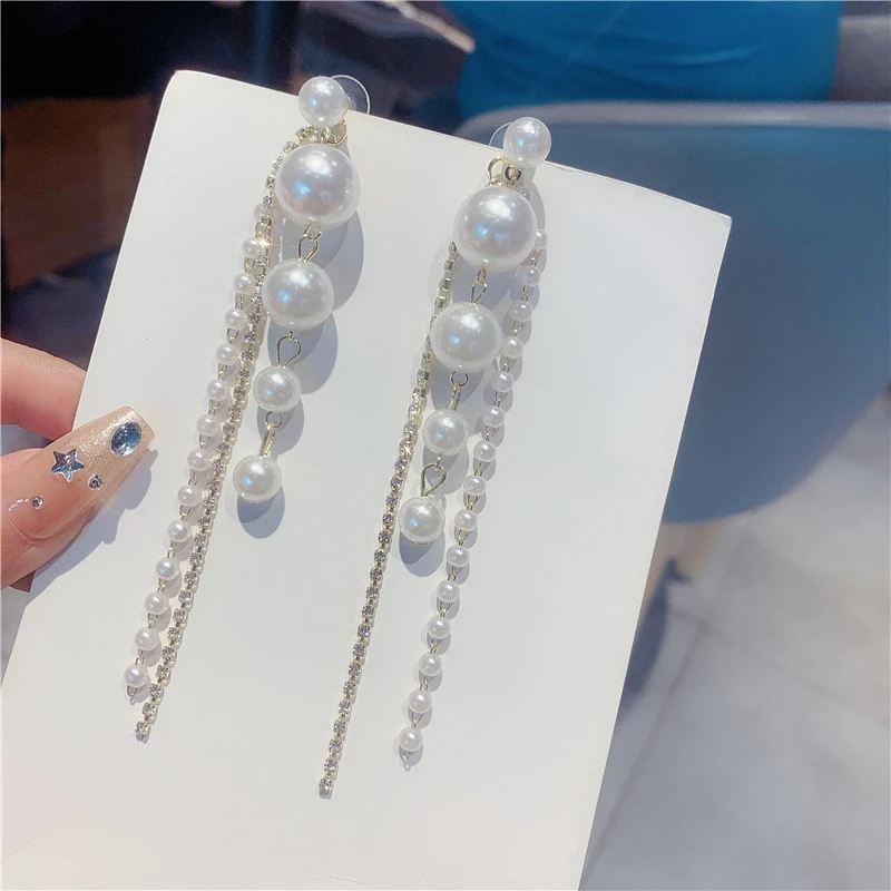Beautiful pearl long tassel earrings