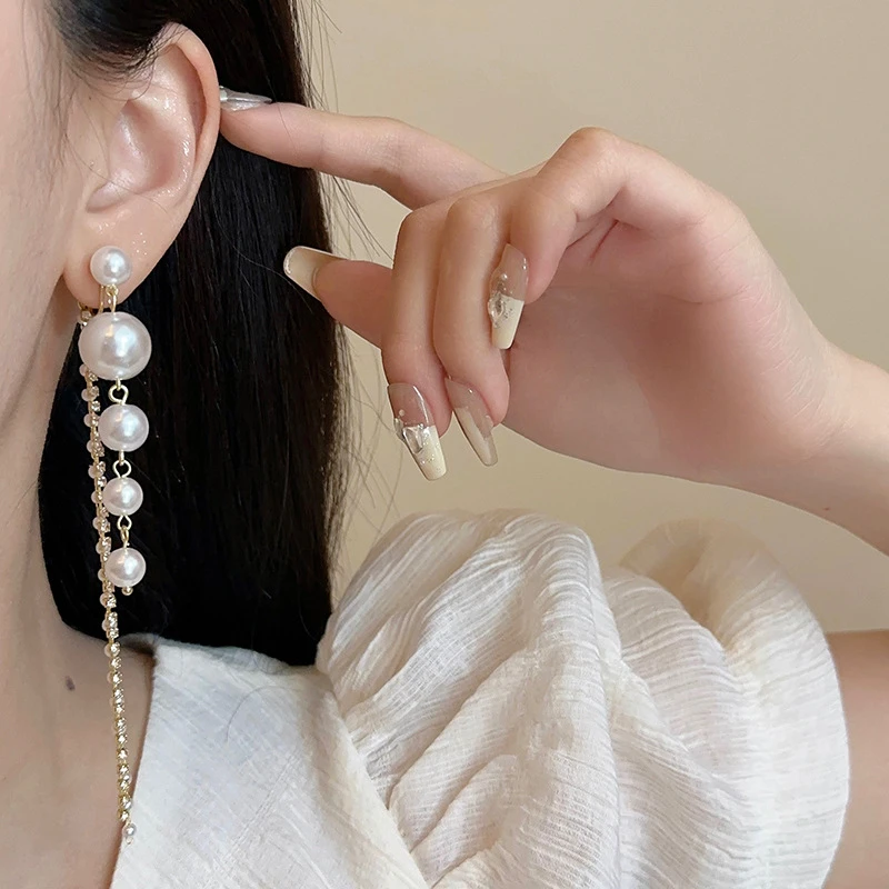 Beautiful pearl long tassel earrings