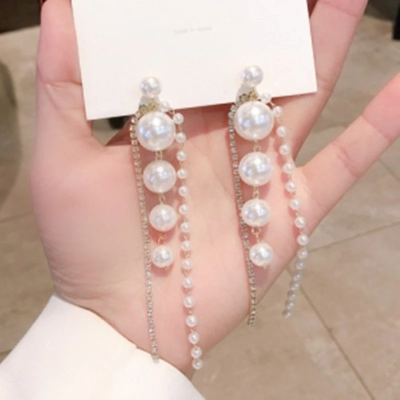 Beautiful pearl long tassel earrings - Thumbnail 6