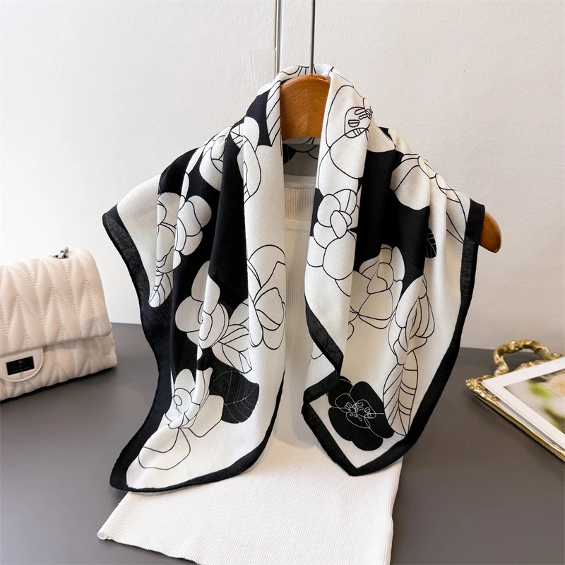 Black white flower printed silk hijab / scarf