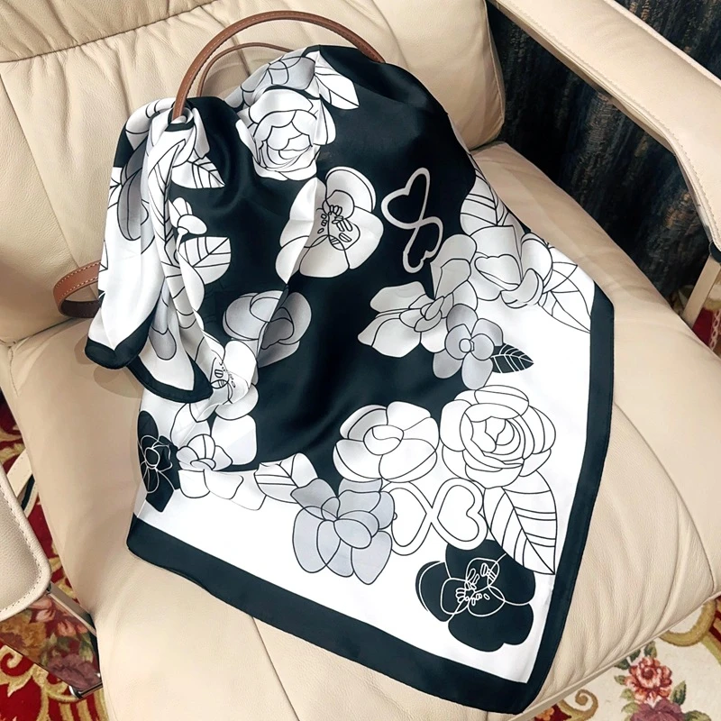 Black white flower printed silk hijab / scarf