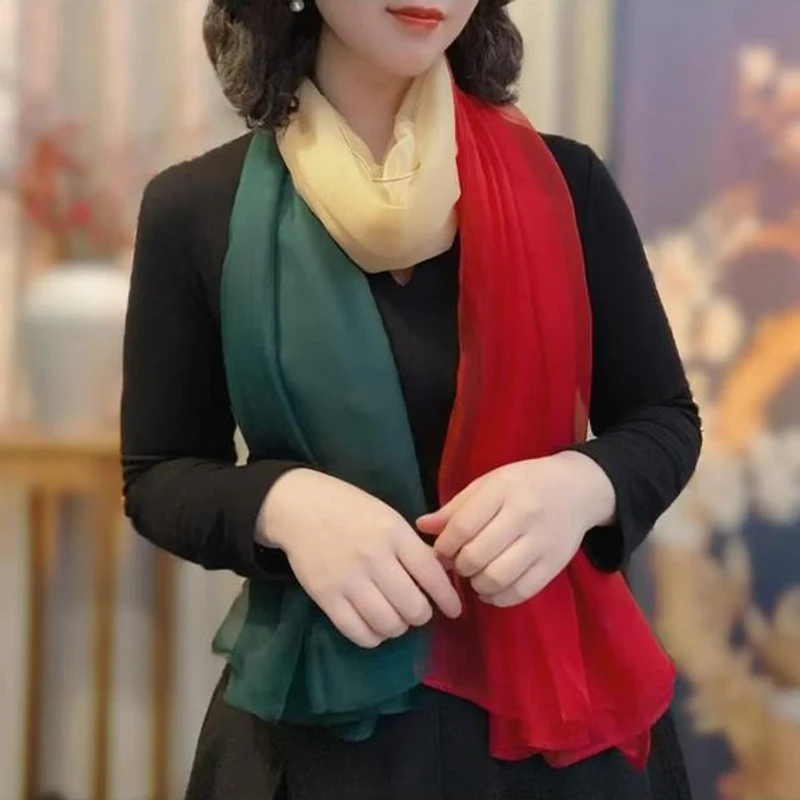 Dark green red gradient color silk scarf