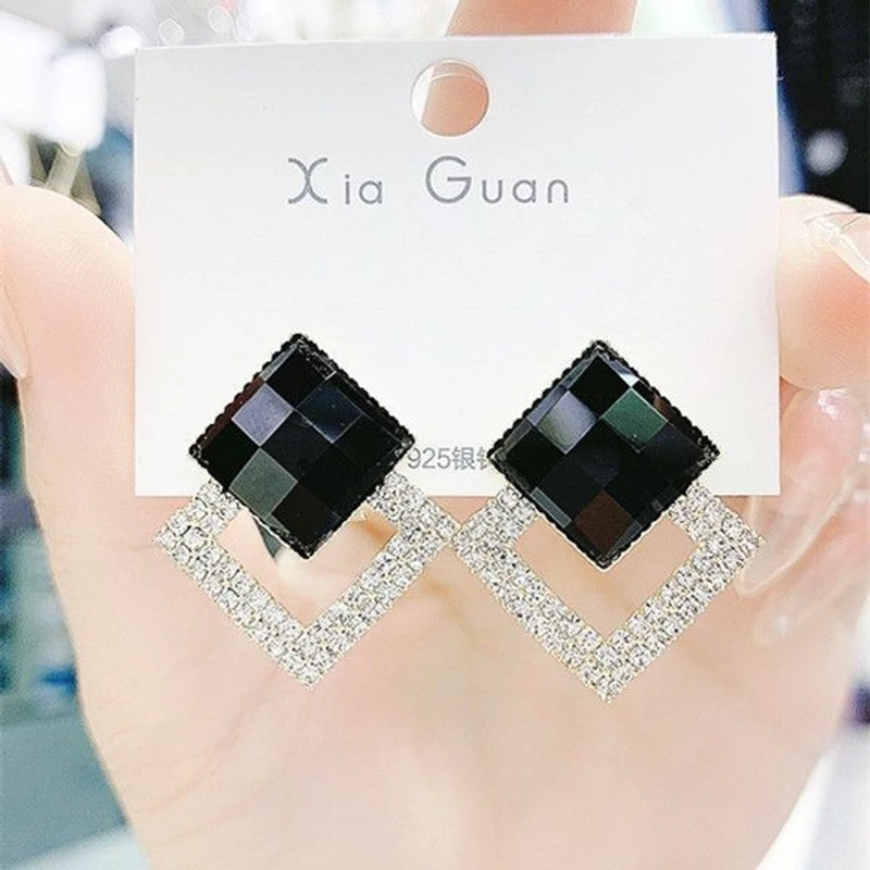 Silver Needle Double Diamond Crystal Earnings