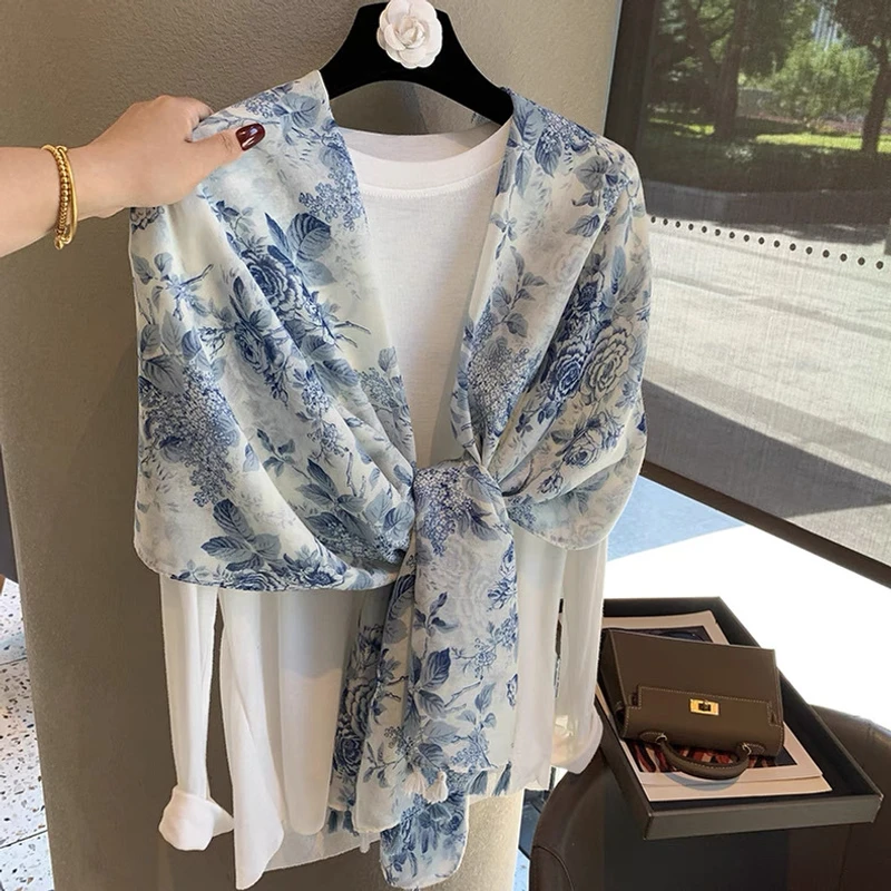 Sky Blue & white mixed printed cotton tassel hijab