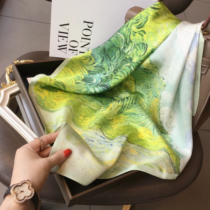 Stunning vibrant green yellow printed silk square scarf / orna
