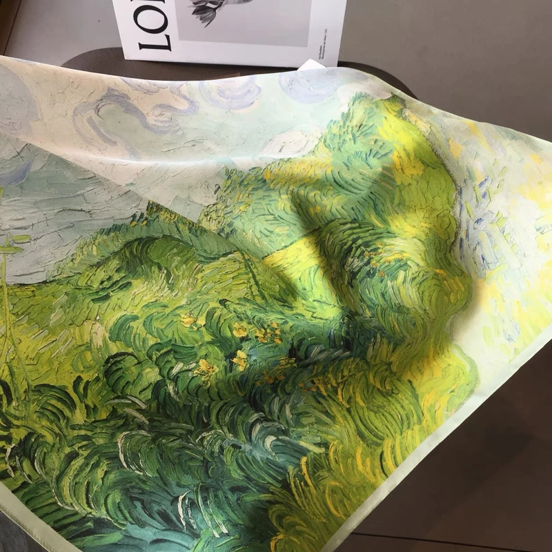 Stunning vibrant green yellow printed silk square scarf / orna - Thumbnail 3