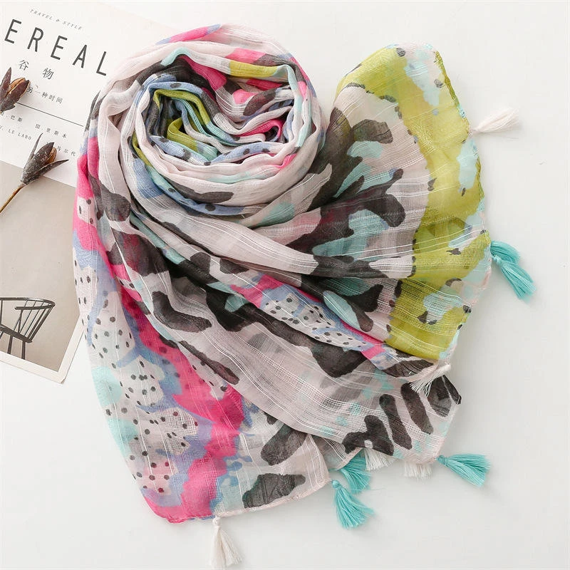 Pretty flower printed multicoloured tassel cotton hijab/orna