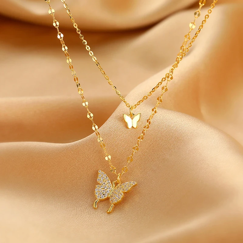 Gold duble layer butterfly pendant necklace