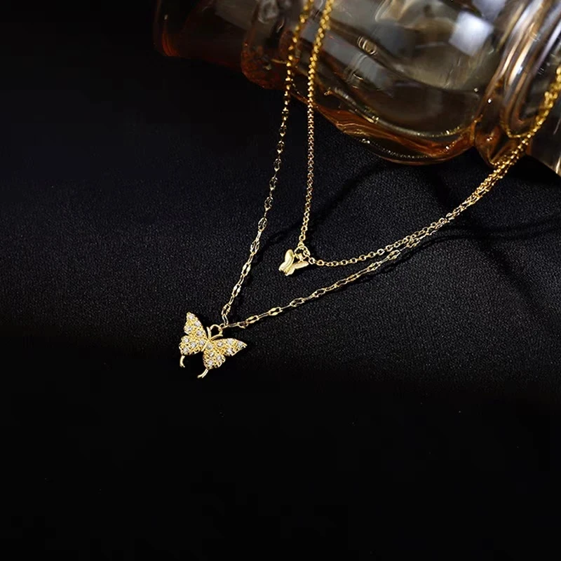 Gold duble layer butterfly pendant necklace - Thumbnail 3
