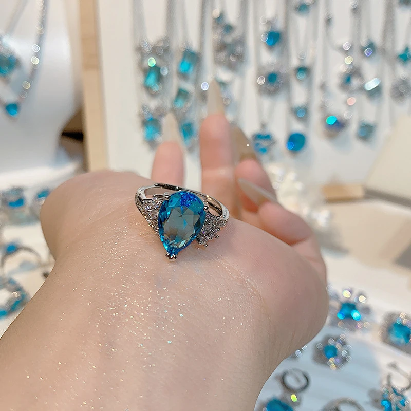 Blue Topaz Ring Pear Cut Simulated Ring - Thumbnail 3