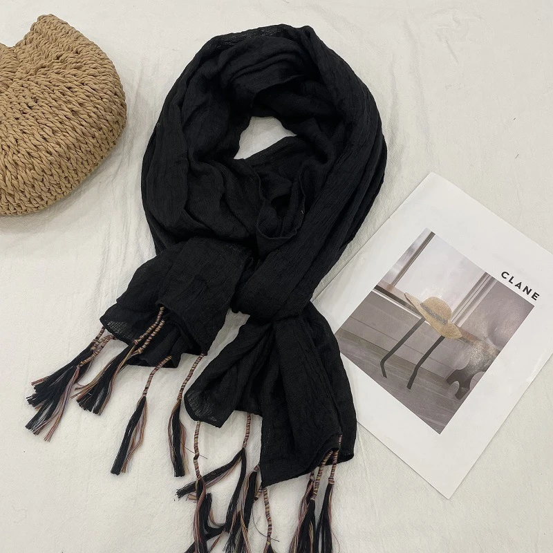 Elegant Black Color Winding Tassel Cotton Hijab/Orna