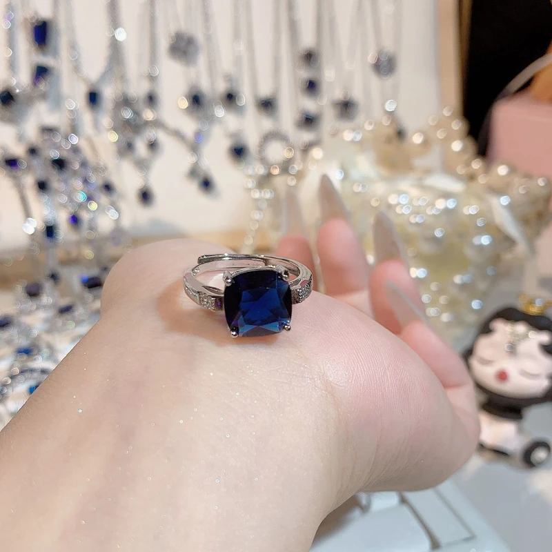 Square shaped blue color crystal ring