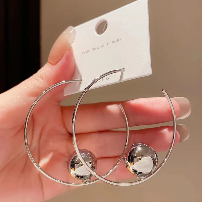 Metal Big Circle Hoop Earrings For Women Exaggerated Silver Color C-Shaped Round