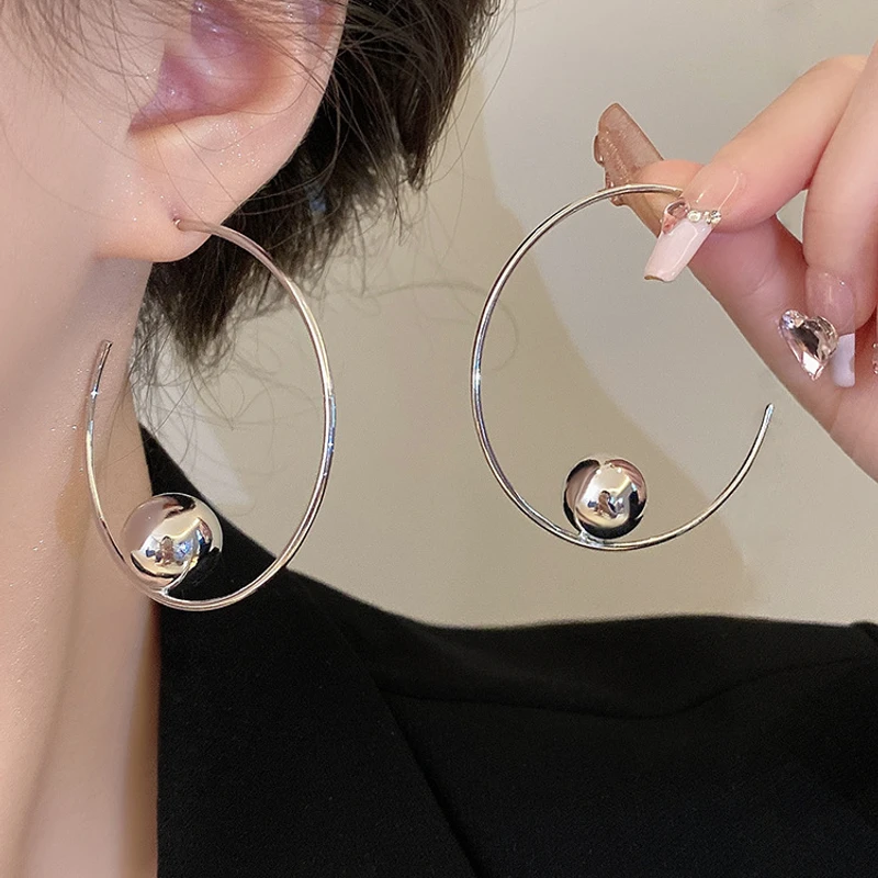 Metal Big Circle Hoop Earrings For Women Exaggerated Silver Color C-Shaped Round
