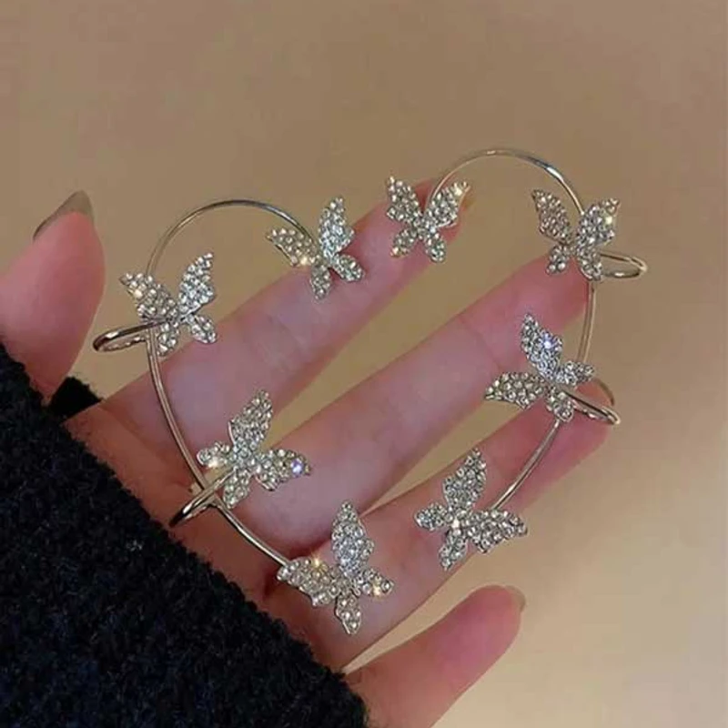 Beautiful Butterfly Sparkling Crystal Flower Ear Cuff Without Piercing Clip Earrings Irregular Tassel Ear Clip
